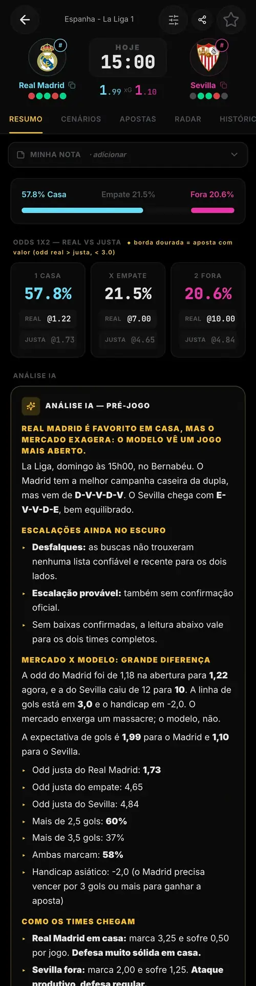 A análise da partida no celular: odds justas, análise da IA e mercados