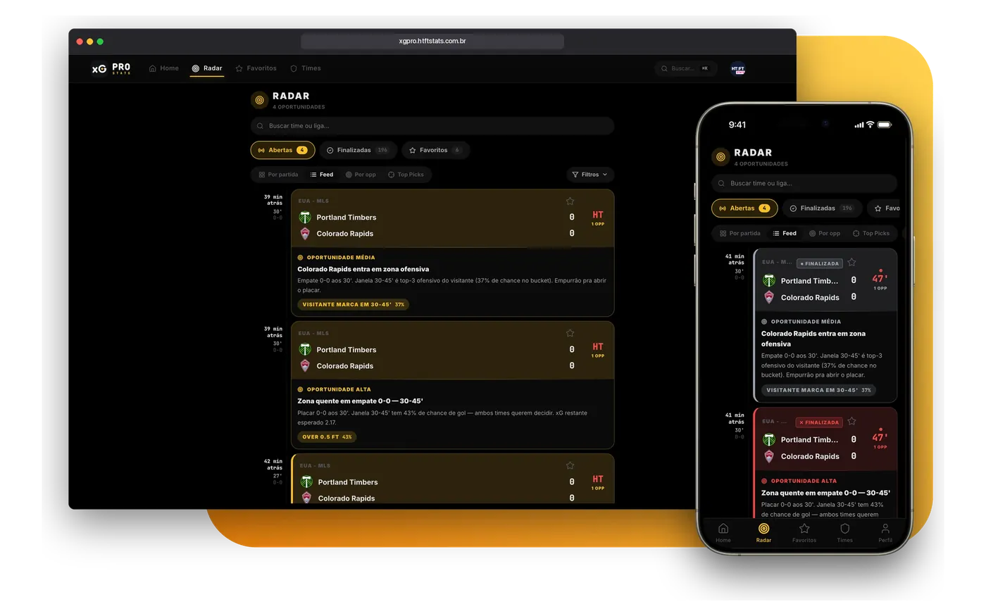 Radar do app no navegador e no celular, com alertas ao vivo