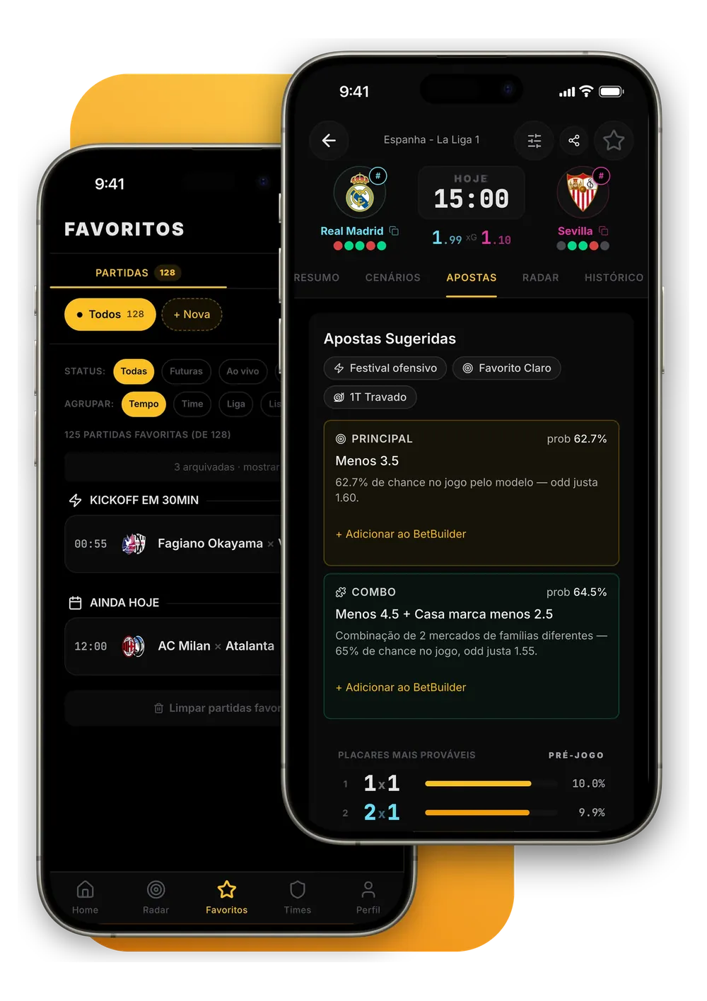 Favoritos e sugestões do jogo em dois celulares