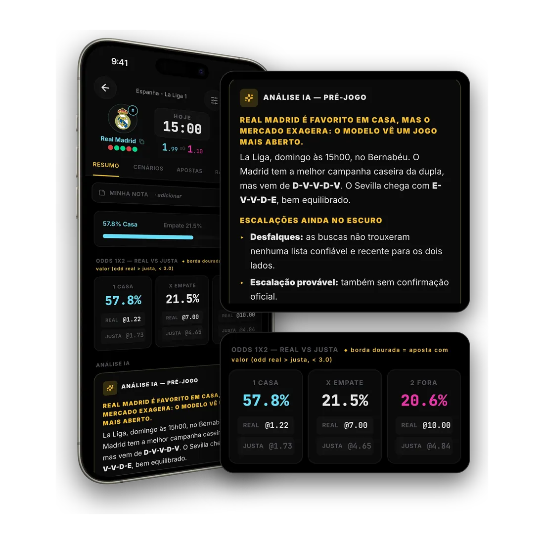 Tela da partida no celular com a análise da IA e as odds justas ao lado das reais